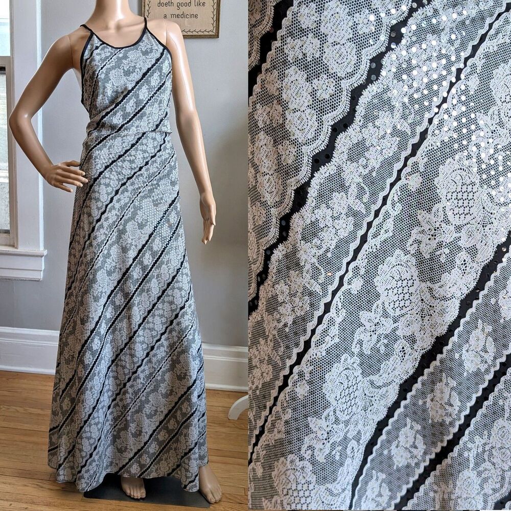 Vintage 90s Chelsea Nites Prom Dress Lace Gown Sequins Whimsigoth Halter 10